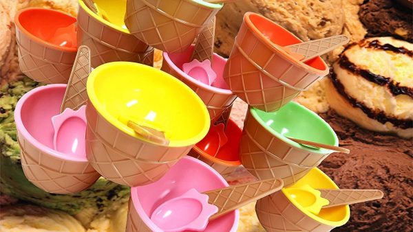 Plastic Ice Cream Cups with Spoons, Festive Dessert Bowls, Assorted Colors (12 Piece Party Pack) Online Hot Sale