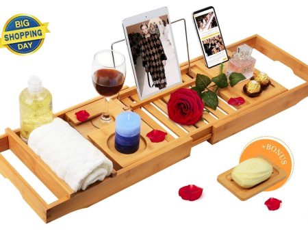 Domax Bathtub Caddy Tray with Wine Glass Holder Adjustable Book Stand Extendable Non Slip Sides Bamboo Bath Organizer Free Soap Holder Cheap