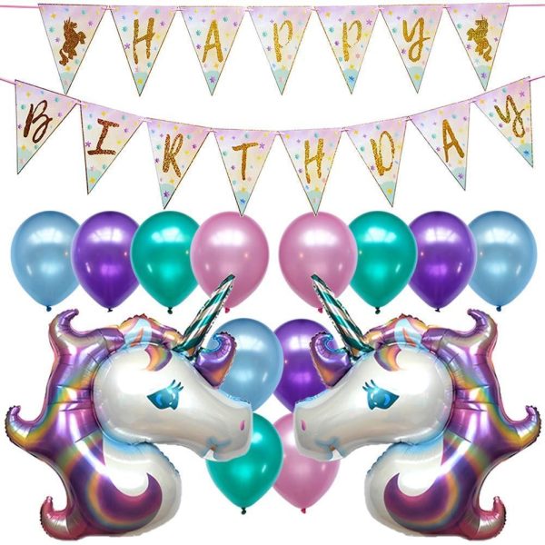 Unicorn Birthday Party Decorations Banner Decor Supplies Set Kit Favors | 2PC Foil Balloon | 12PC Helium Pastel Balloons w Gold Ribbon | for Boy Girl 1st 2nd 3rd 10th 13th 20th | Sparkle Flag Glitter Cheap