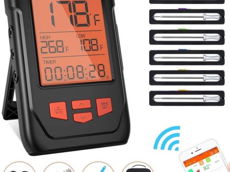 Wireless Meat Thermometer for Grilling, Bluetooth Meat Thermometer Digital BBQ Cooking Thermometer with 6 Probes, Alarm Monitor Cooking Thermometer for Barbecue Oven Kitchen, Support IOS & Android For Sale