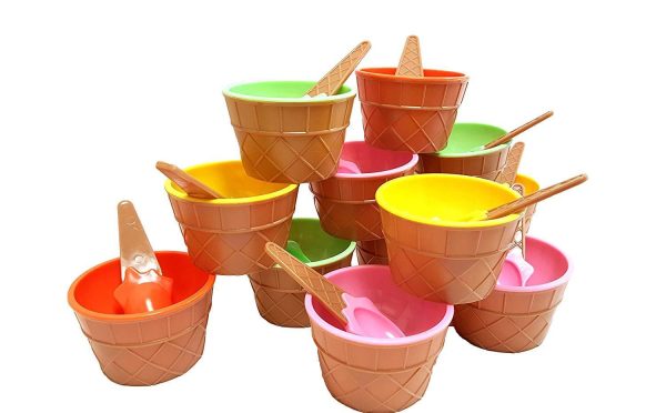 Plastic Ice Cream Cups with Spoons, Festive Dessert Bowls, Assorted Colors (12 Piece Party Pack) Online Hot Sale