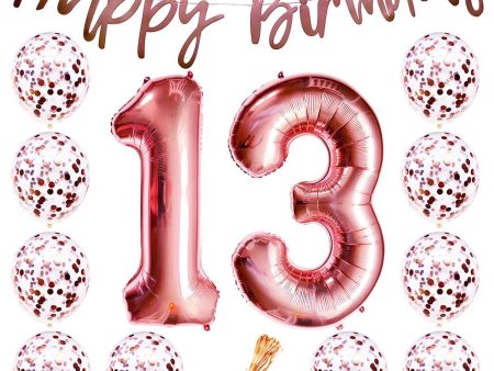 13th Birthday Party Decorations Rose Gold Decor Strung Banner (Happy Birthday) & 12PC Helium Balloons w Ribbon [Huge Numbers “13”, Confetti] Kit Set Supplies Bundle | Thirteenth 13 Year Old Year-Old For Sale