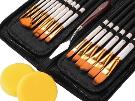 Paint Brush Set, Ekkong 15Pcs Art Paint Brushes with Free Palette Knife, Watercolor Sponge and Pop-up Carrying Case for for Acrylic, Oil, Watercolor and Gouache Painting, Adult and Kid (White) Cheap