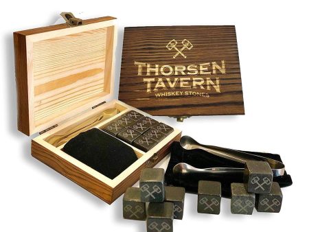 Whiskey Stones Set by Thorsen Tavern - 9 Granite Whiskey Chilling Stones, 1 Tongs set & 1 Black Velvet Bag in Elegant Wooden Box; Keep Your Whiskey, Bourbon and Scotch Slightly Chilled & Flavorful Discount