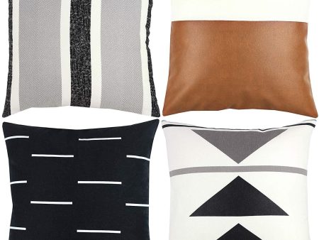 Woven Nook Decorative Throw Pillow Covers ONLY for Couch, Sofa, or Bed Set of 4 18x18 20x20 and 22x22 inch Modern Design 100% Cotton Black White Geometric Faux Leather Zulu Set (18   x 18  ) Online now