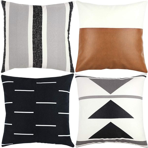 Woven Nook Decorative Throw Pillow Covers ONLY for Couch, Sofa, or Bed Set of 4 18x18 20x20 and 22x22 inch Modern Design 100% Cotton Black White Geometric Faux Leather Zulu Set (18   x 18  ) Online now