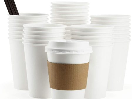 100 Pack 12 oz Disposable Hot Paper Coffee Cups with Lids, Sleeves and Straws to Go - White Drink Hot Cup from Eupako Online now