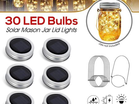 [Upgraded] Solar Mason Jar Lid Lights 30 LEDs - 1200mAh Battery | Outdoor Decor, Patio Garden Decor, Solar Lantern Table Light | 6-Pack Hangers and Lids String Fairy Firefly Lights No Jars Sale