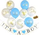 Baby Shower Party Decorations Decoration Decor Assembled Banner (IT S A BOY) & 9PC Balloons w Ribbon [Gold, Baby Blue, White] Kit Set Supplies Bundle | Hang on Wall Door Chair | It Is A Boy For Discount