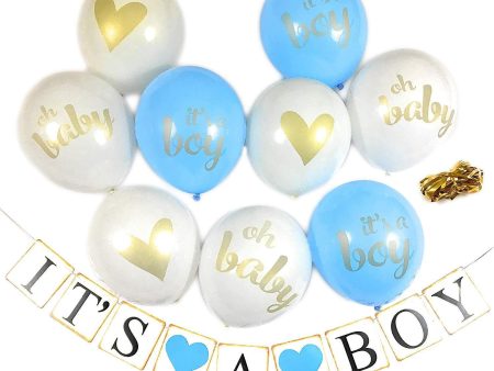 Baby Shower Party Decorations Decoration Decor Assembled Banner (IT S A BOY) & 9PC Balloons w Ribbon [Gold, Baby Blue, White] Kit Set Supplies Bundle | Hang on Wall Door Chair | It Is A Boy For Discount