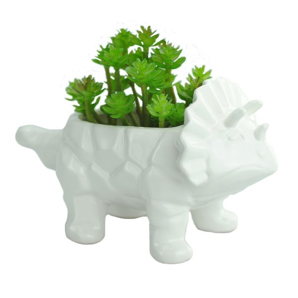 VanEnjoy 6 Inch Cute Cartoon Dinosaur Shape Ceramic Succulent Planter, Water Culture Hydroponics Bonsai Cactus Flower Pot,Air Plant Vase Holder Desktop Decorative Organizer (Triceratops, White) Cheap