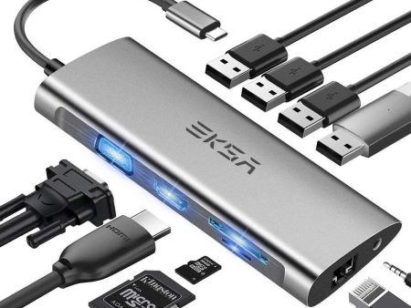 EKSA USB C Hub, 11 in 1 USB Type C Multiport Adapter for MacBook Pro and Other Type C Laptops, 4K USB C to HDMI, VGA, 4 USB Ports, Gigabit Ethernet, SD TF Card Reader, Audio Port and Power Delivery For Sale