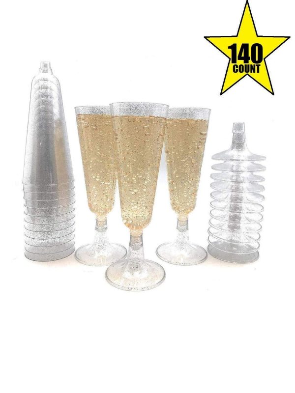 140 pc Plastic Classicware Glass Like Champagne Wedding Parties Toasting Flutes Party Cocktail Cups (Silver Rim) by Oojami For Sale