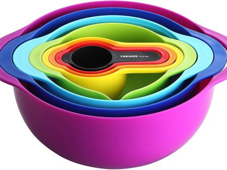 TRENDS home 8 Pc Stackable Mixing Bowl Set, Colorful Kitchen Mixing Bowls, Ideal kitchen mixing bowls, Nesting Mixing Bowls & Measuring Cups, Durable BPA Free Plastic Mixing Bowl set with handles. Online Sale