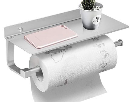 BESy Paper Towel Holder Wall Mounted for Kitchen 13 Inch, Bathroom Tissue Roll Hanger with Mobile Phone Storage Shelf,Space Aluminum, Wall Mount with Screws, Dull Polished Silver For Cheap