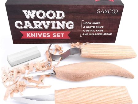 Wood Carving Tool Kit Boy Scout | Sloyd Hook Detail Knives | Hardwood Handle Grips Carbide Blades, Bonus Sharpener Included All Inclusive 4 Piece Set Cheap