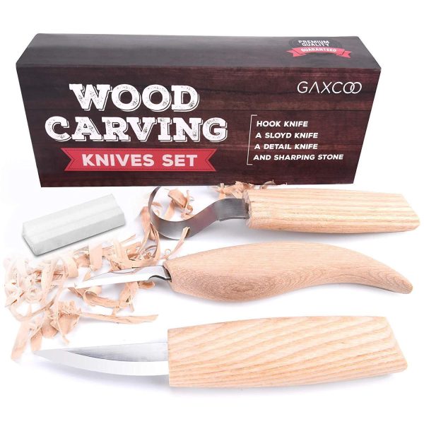 Wood Carving Tool Kit Boy Scout | Sloyd Hook Detail Knives | Hardwood Handle Grips Carbide Blades, Bonus Sharpener Included All Inclusive 4 Piece Set Cheap