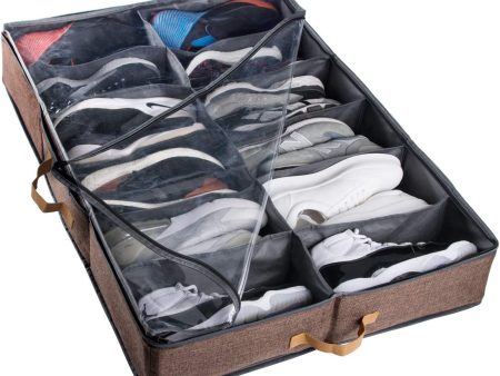 ACMETOP Extra-Large Under Bed Shoe Storage Organizer, Sturdy Built-in Structure & Durable Linen, Underbed Storage Solution Fits Men s Size 13 Sneaker and Women s 6   High-Heels (Brown) For Discount