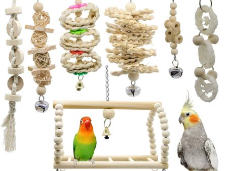 Deloky 7 Packs Bird Parrot Swing Chewing Toys- Natural Wood Hanging Bell Bird Cage Toys Suitable for Small Parakeets, Cockatiels, Conures, Finches,Budgie,Macaws, Parrots, Love Birds Discount