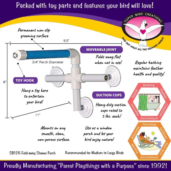 Super Bird Creations SB126 Portable Fold-Away Shower Perch with Suction Cups, Bird Grooming Accessory for Medium & Large Size Birds, 9.5” x 11” x 8” Online Hot Sale