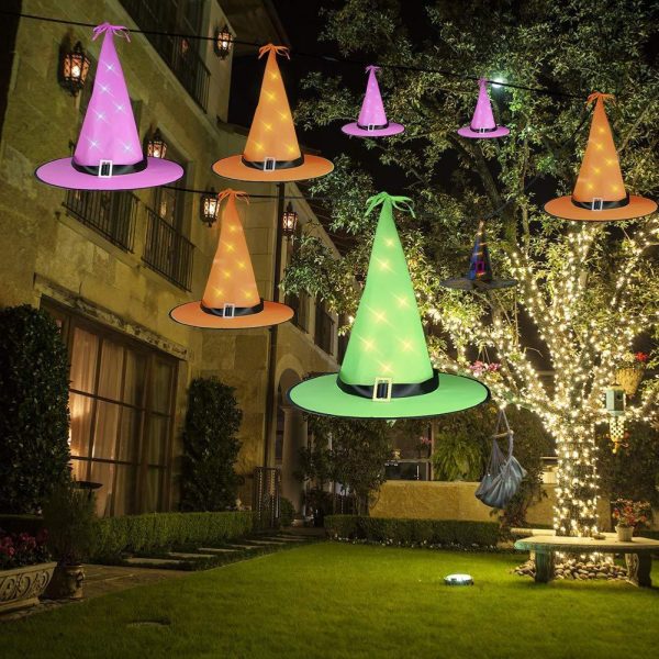 Opard Halloween Decorations Outdoor 8Pcs Hanging Glowing Lighted Witch Hat Decorations String Lights Battery Operated Halloween Décor for Outdoor Yard Tree For Discount