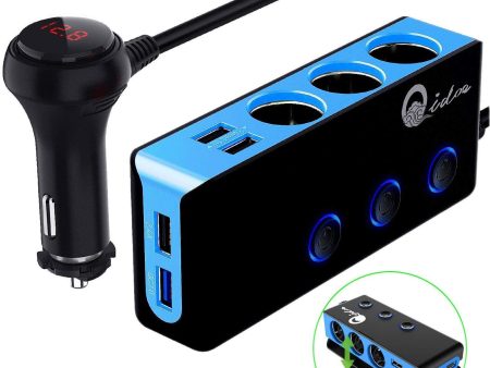 3-Socket Cigarette Lighter Quick Charge 3.0, Qidoe 120W 12V 24V Car Splitter and Three 2.4A USB Car Charger & LED Voltmeter Power Switch for GPS, Dash Cam, Sat Nav, Phone, iPad, Tablet (Blue) For Cheap