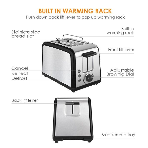 Toaster 2 Slice Warming Rack Brushed Stainless Steel for Breakfast Bread Toasters Defrost Reheat Cancel Button Removable Crumb Tray By CUSINAID Supply