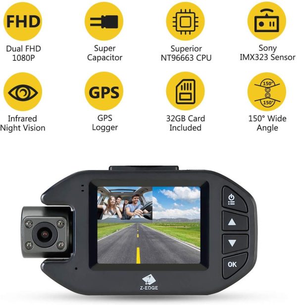 Uber Dash Cam, Z-Edge Z3Pro 2.0  Screen Infrared Night Vision Dual Dash Camera Front and Inside, Dual 1920x1080P Car Camera, with 32GB Memory Card, Sony Sensor, Supercapacitor, WDR, 150° Wide Angle Sale