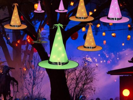 Opard Halloween Decorations Outdoor 8Pcs Hanging Glowing Lighted Witch Hat Decorations String Lights Battery Operated Halloween Décor for Outdoor Yard Tree For Discount