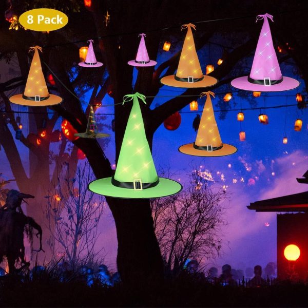 Opard Halloween Decorations Outdoor 8Pcs Hanging Glowing Lighted Witch Hat Decorations String Lights Battery Operated Halloween Décor for Outdoor Yard Tree For Discount