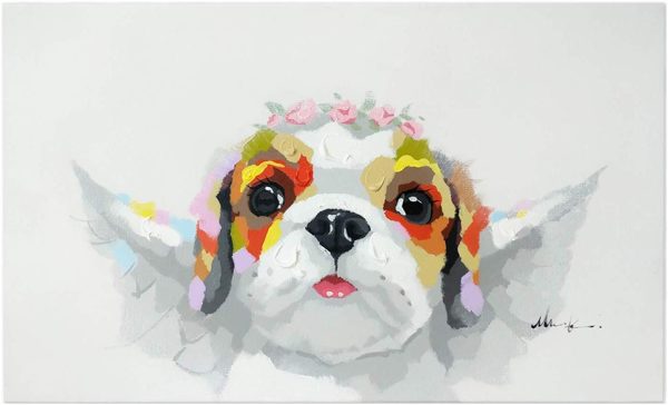 Bignut Art Funny Animal Oil Painting Hand Painted Cute Angel Dog Wall Art on Canvas Framed Wall Decor for Living Room Bedroom Office (18x30 Inches, Angel Dog) Supply