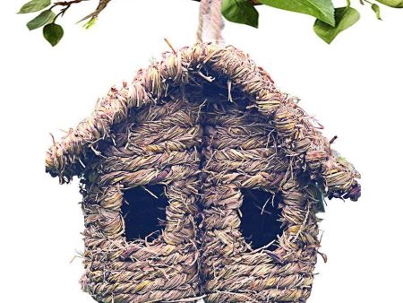 Bird Nest Grass Bird Hut Outdoor Hanging Birdhouse Canaries Nest Chickadee House, Wren Nest Fiber Hand-Woven Bird House Roosting Pocket Bird Hideaway Sparrow House for Finch Cheap