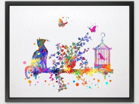 Dignovel Studios 13X19 Cat Birdcage and Butterfly Watercolor Art Print Wall Art Hanging Home Decor Nursery Decor Kids Art Fine Art Print Motivational Art N120 For Discount