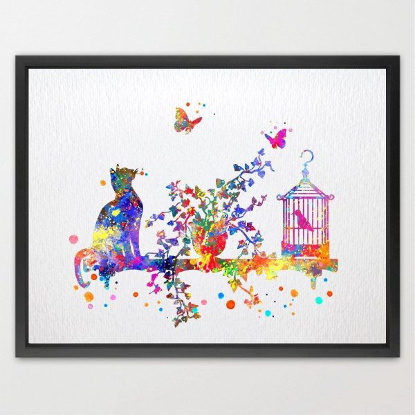 Dignovel Studios 13X19 Cat Birdcage and Butterfly Watercolor Art Print Wall Art Hanging Home Decor Nursery Decor Kids Art Fine Art Print Motivational Art N120 For Discount