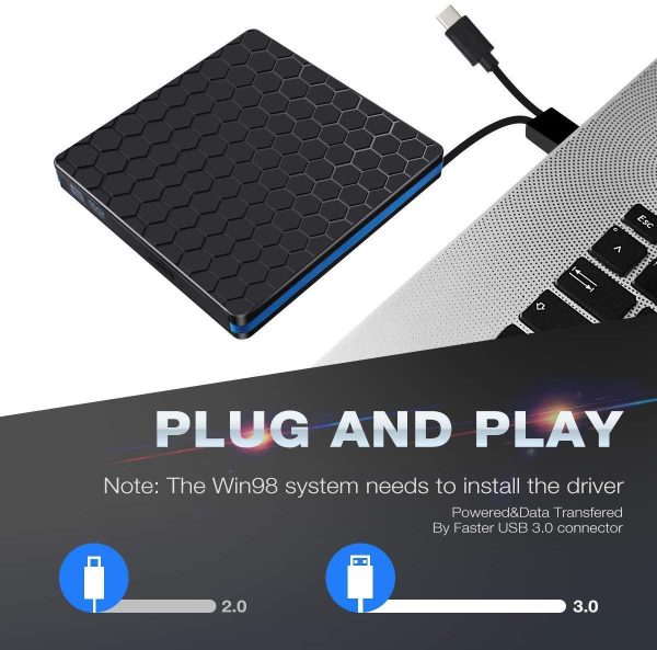 External DVD Drive, M WAY USB 3.0 Type C CD Drive, Dual Port DVD-RW Player, Portable Optical Burner Writer Rewriter, High Speed Data Transfer for Laptop Notebook Desktop PC MAC OS Windows 7 8 10 Fashion