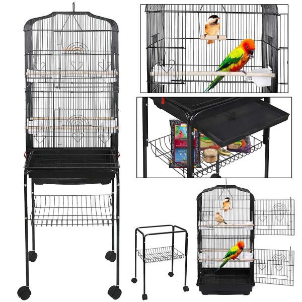 SUPER DEAL 59.3   53   Rolling Bird Cage Large Wrought Iron Cage for Cockatiel Sun Conure Parakeet Finch Budgie Lovebird Canary Medium Pet House with Rolling Stand & Storage Shelf Cheap