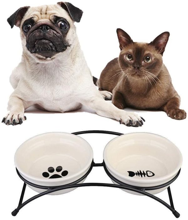 Ymachray Pet Feeder Double Ceramic Bowl for Small Dogs and Cats Sale