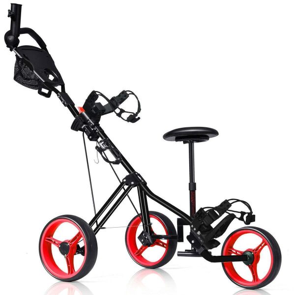 Tangkula Golf PushCart Swivel Foldable 3 Wheel Push Pull Cart Golf Trolley with Seat Scoreboard Bag Golf Push Cart For Sale