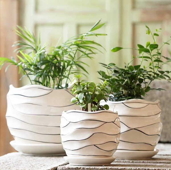 White Ceramic Flower Plant Pots Indoor Garden Plants Containers with Saucers, Set of 3 For Sale