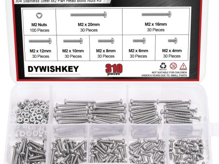 DYWISHKEY 310 Pieces M2 x 4mm 6mm 8mm 10mm 12mm 16mm 20mm, Stainless Steel 304 Phillips Pan Head Cap Bolts Screws Nuts Kit For Sale