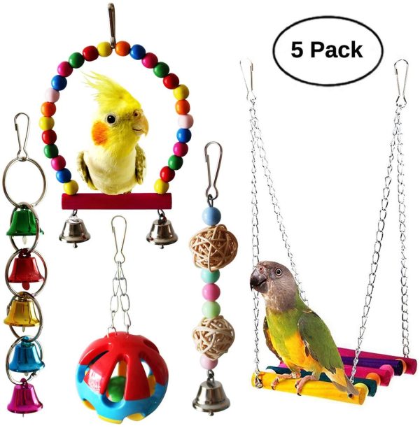 BWOGUE 5pcs Bird Parrot Toys Hanging Bell Pet Bird Cage Hammock Swing Toy Hanging Toy for Small Parakeets Cockatiels, Conures, Macaws, Parrots, Love Birds, Finches on Sale