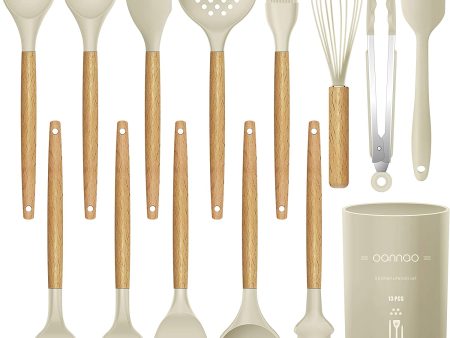 14 Pcs Silicone Cooking Utensils Kitchen Utensil Set, 446°F Heat Resistant,Turner Tongs,Spatula,Spoon,Brush,Whisk. Wooden Handles Khaki Kitchen Gadgets Tools Set for Non-stick Cookware (BPA Free) For Discount