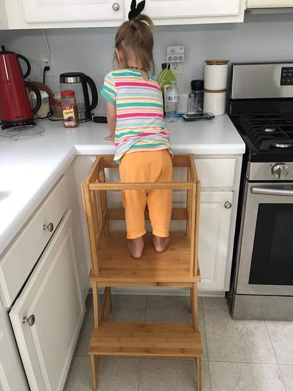 URFORESTIC Kids Kitchen Step Stool with Safety Rail - for Toddlers 18 Months and Older, Natural For Sale