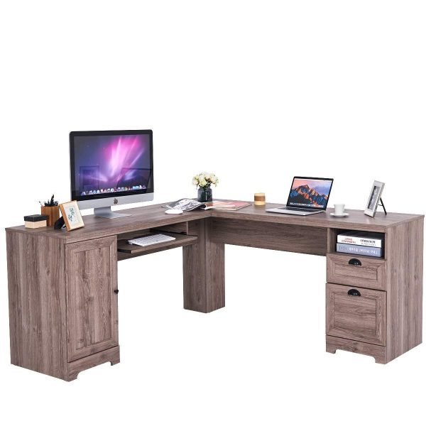 Tangkula 66  × 66  L-Shaped Desk, Corner Computer Desk, with Drawers and Storage Shelf, Home Office Desk, Sturdy and Space-Saving Writing Table,Brown on Sale