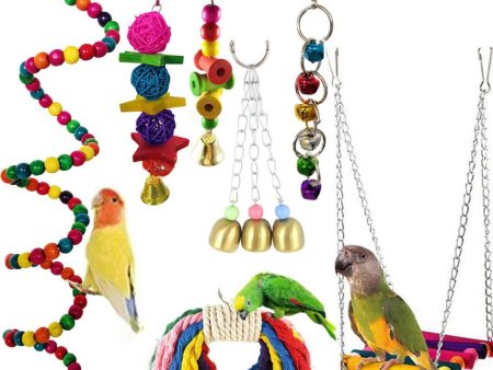 7pcs Birds Cage Swing Set Parrots Toys with Bell Colorful Chewing Hanging Hammock for Parakeets, Macaws, Conures, Budgies, Lovebirds, Mynah, Cockatiel, Finches For Cheap