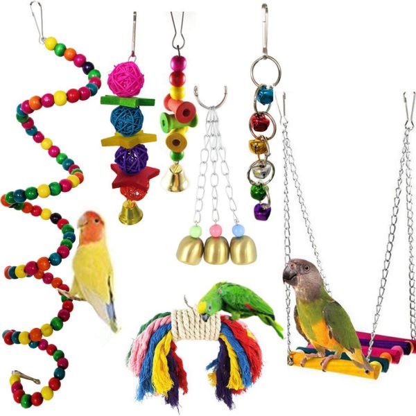 7pcs Birds Cage Swing Set Parrots Toys with Bell Colorful Chewing Hanging Hammock for Parakeets, Macaws, Conures, Budgies, Lovebirds, Mynah, Cockatiel, Finches For Cheap