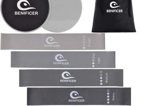 Benificer Core Sliders and Exercise Loop Bands, Set of 5 Resistance Bands with Set of 2 Double Fitness Sliding Gliders Workout Discs for Home Gym, Yoga, Pilates, Crossfit For Sale