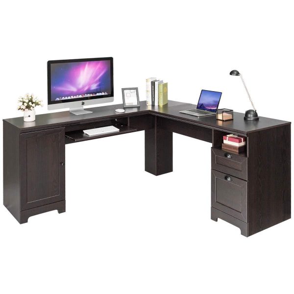 Tangkula 66  × 66  L-Shaped Desk, Corner Computer Desk, with Drawers and Storage Shelf, Home Office Desk, Sturdy and Space-Saving Writing Table,Brown on Sale