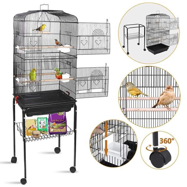 SUPER DEAL 59.3   53   Rolling Bird Cage Large Wrought Iron Cage for Cockatiel Sun Conure Parakeet Finch Budgie Lovebird Canary Medium Pet House with Rolling Stand & Storage Shelf Cheap