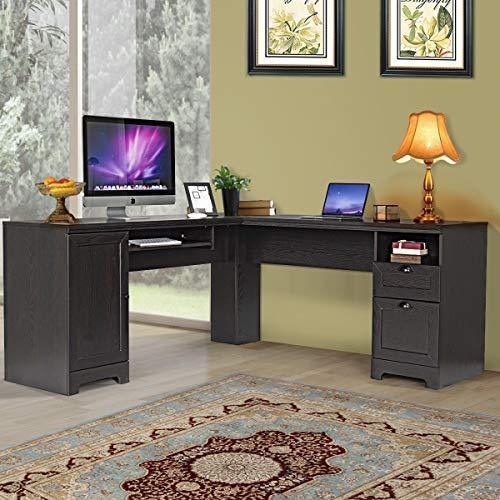 Tangkula 66  × 66  L-Shaped Desk, Corner Computer Desk, with Drawers and Storage Shelf, Home Office Desk, Sturdy and Space-Saving Writing Table,Brown on Sale